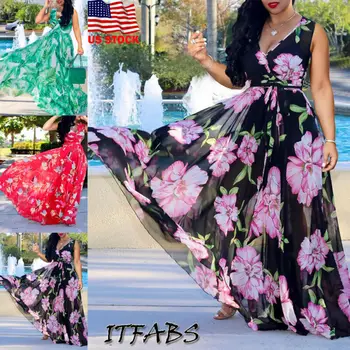 

2019 New Women Sleeveless V-Neck Summer Boho Floral Beach Casual and Loose Ultrathin and Soft Long Dress Beach Sundress