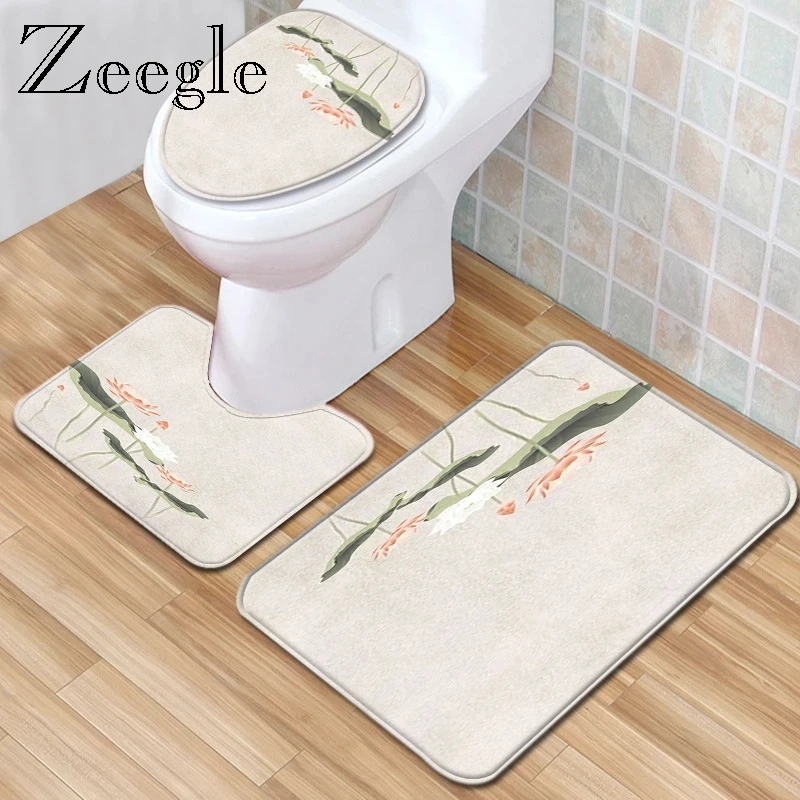 Zeegle Bathroom Mat Set Absorbent Toilet Pedestal Rug Anti-slip Bathroom Doormat Shower Mat Flannel Soft Toilet Cover Seat Mat