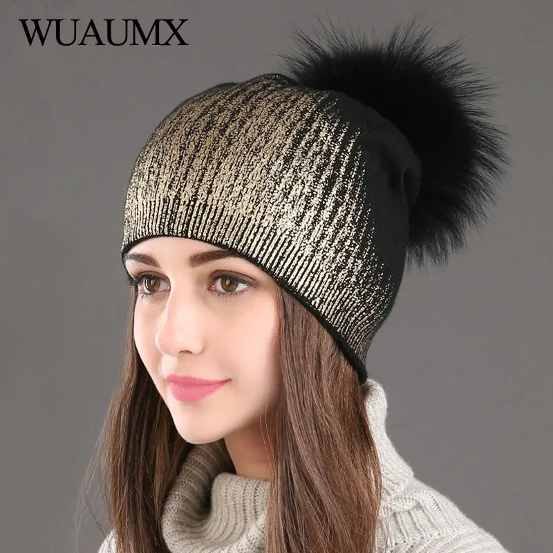 Wuaumx женские зимние шапки Skullies Beanies, шапка для женщин из натурального меха енота, вязаная шерстяная шапка с помпоном, шапка с серебристым и золотистым принтом