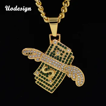 

Hip Hop New design Green Crystal Fly Dollar Pendants Chain Necklace Couple Gold Full Crystal Copper HipHop Jewelry Necklaces