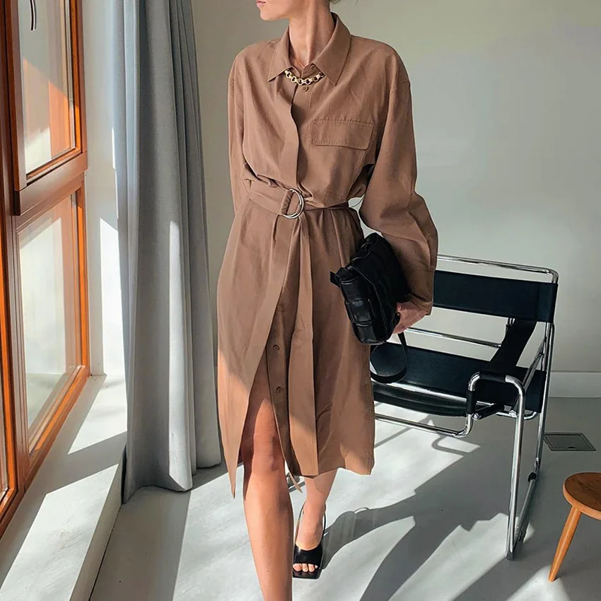 Grace&ampTaste Fashion 2020 OL Tops Autumn Winter Long Sleeved Lapel Brown Trench Coat Jacket Shirt Dress Women Waist MIDI | Женская
