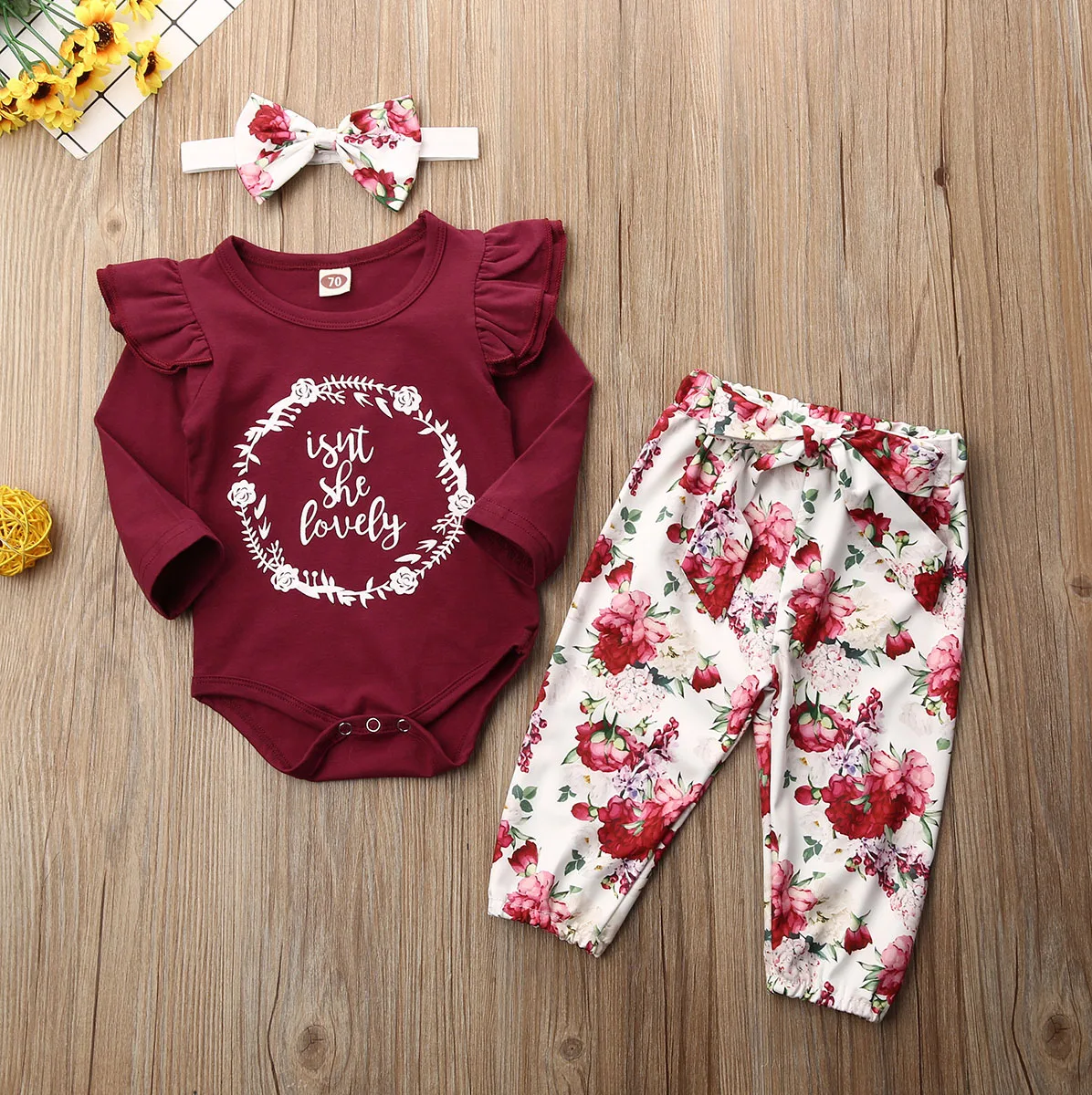 Toddler Baby Girl 2Pcs Clothes Set Long Sleeve Autumn Winter Letter Romper Tops Romper+Floral Printed Pants Outfit