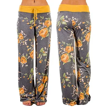

Womens Pants Femme Comfy Stretch Floral Print Drawstring Palazzo Wide Leg Lounge Pants Ladies Flowers Spodnie Damskie #T1G
