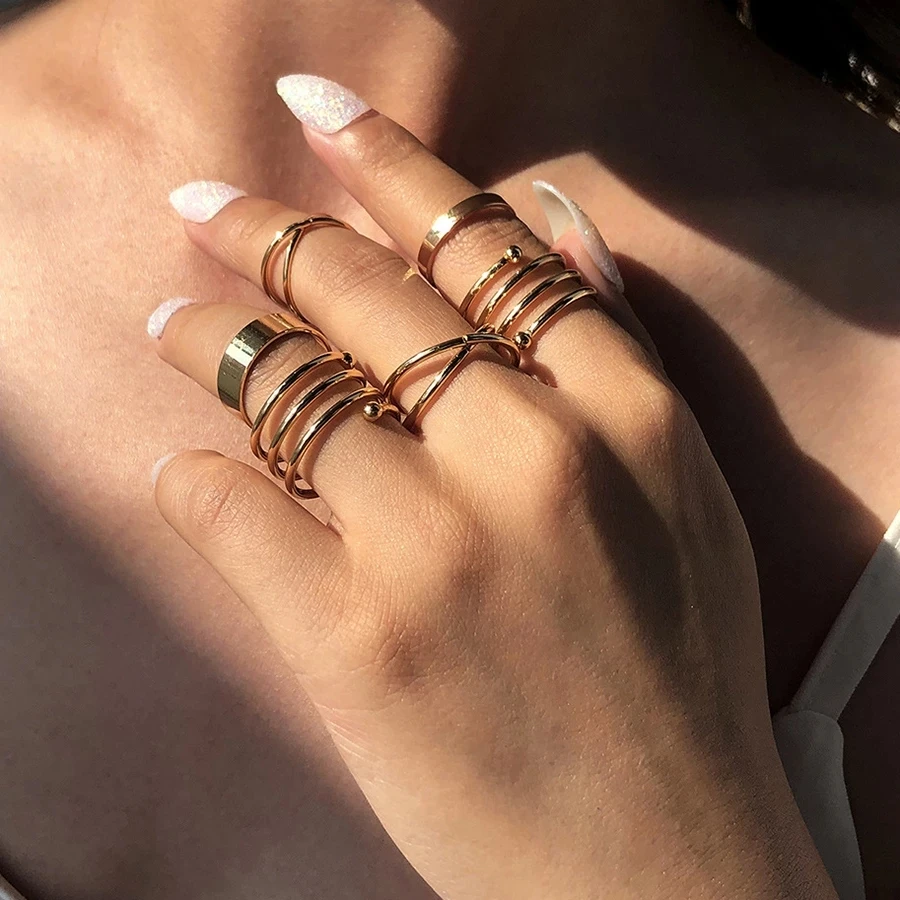 Conjunto de anillos geométricos huecos para mujer, conjunto de anillos originales de Color dorado, anillo abierto, joyería femenina|Anillos| AliExpress