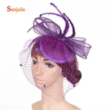 Фиолетовая льняная ткань шляпы с лицевая вуаль женские вечерние головные уборы Элегантные Свадебные шляпы для свадьбы dodatki slubne H372