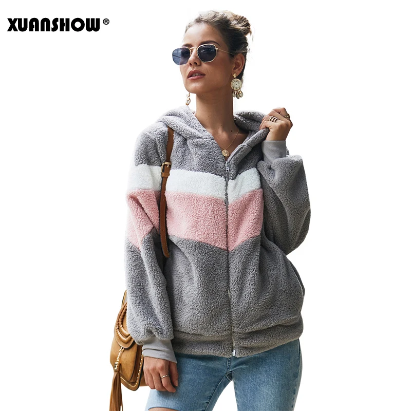  XUANSHOW 2019 Winter Keep Warm Clothes Women Hoodies Sweatshirts Loose Zipper Long Sleeve Pocket St