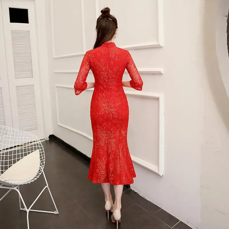 Красное длинное женское кружевное Qipao тонкое сексуальное китайское свадебное платье с вышивкой элегантное платье Ципао русалки китайское платье чонсам
