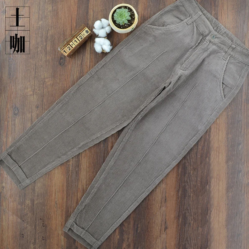 Light brown Spring and Autumn High Quality Corduroy Fashion Pants Nine Pants Harlan Loose Pants Casual Vintage Student Striped Pants - Цвет: Light brown