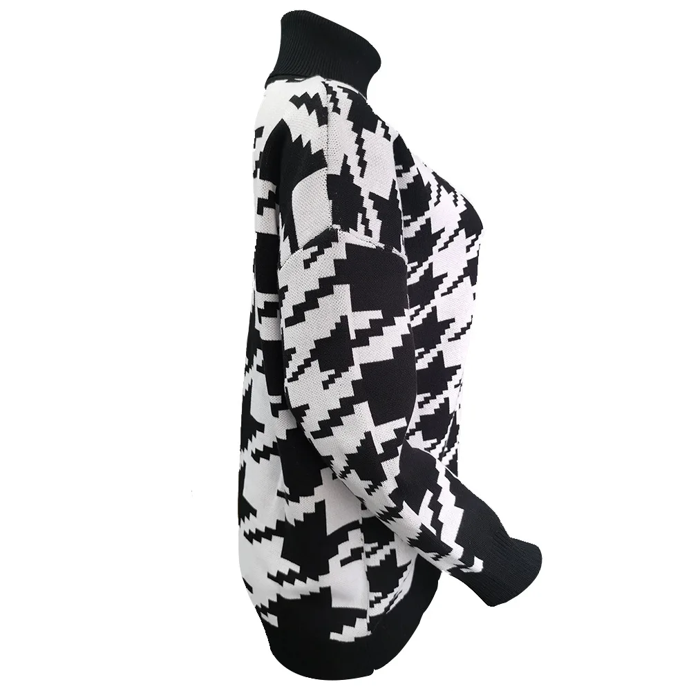 Long Sleeve Sweater Women Turtleneck Black Casual Knit Mini Houndstooth Vintage Loose Casual Sweater Female Pullover Knit Top