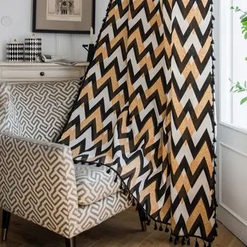 

High-quaility Cotton-linen Printing American Black Tassel Curtain Bohemian Style Curtains Ripple Gold Kitchen Living Room