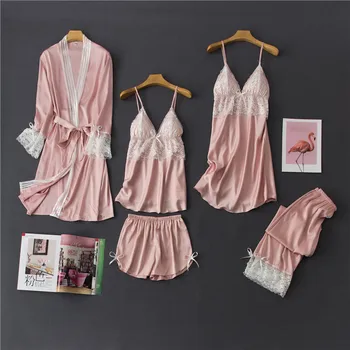 

Daeyard Silk Pajamas Sets Women's Pink 5 Pieces Sexy Lace Pyjama Sleepwear Robe Pants Combination Spring Summer Mujer Homewear