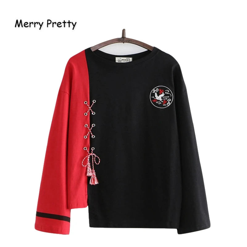 Merry Pretty, хлопковые женские толстовки с мультяшной вышивкой на шнуровке, свитшоты, зимние спортивные костюмы с длинным рукавом и круглым вырезом, пуловеры