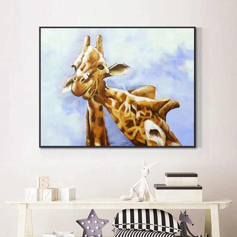 

Cute Animal Giraffe Kiss Oil Painting Canvas Print Nordic Poster Wall Art Picture For Living Room Home Decor Frameless
