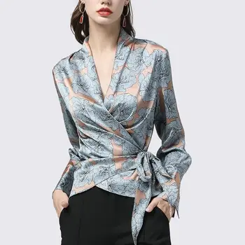 

2020 Spring and Autumn Long Sleeve V-neck Blouse Flower Print Cross Lace Up Fashion Ladies Top Elegant Blouse X174