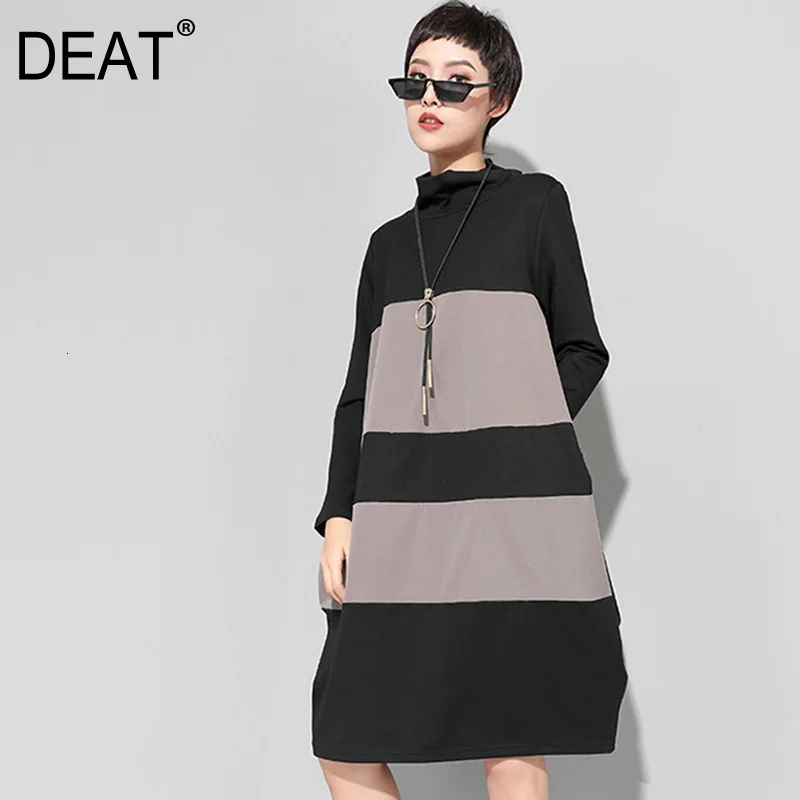 

[DEAT] 2019 New Spring Winter High Collar Long Sleeve Brief Pocket Striped Hit Color Loose Dress Women Fashion Tide JK40