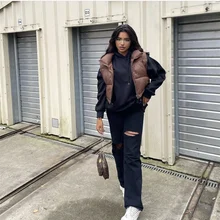 

2021 Spring Casual Woman Brown Loose Warm down Vest Female Fashion Oversized Solid Color Tank Ladies Basic Sleeveless Jacket