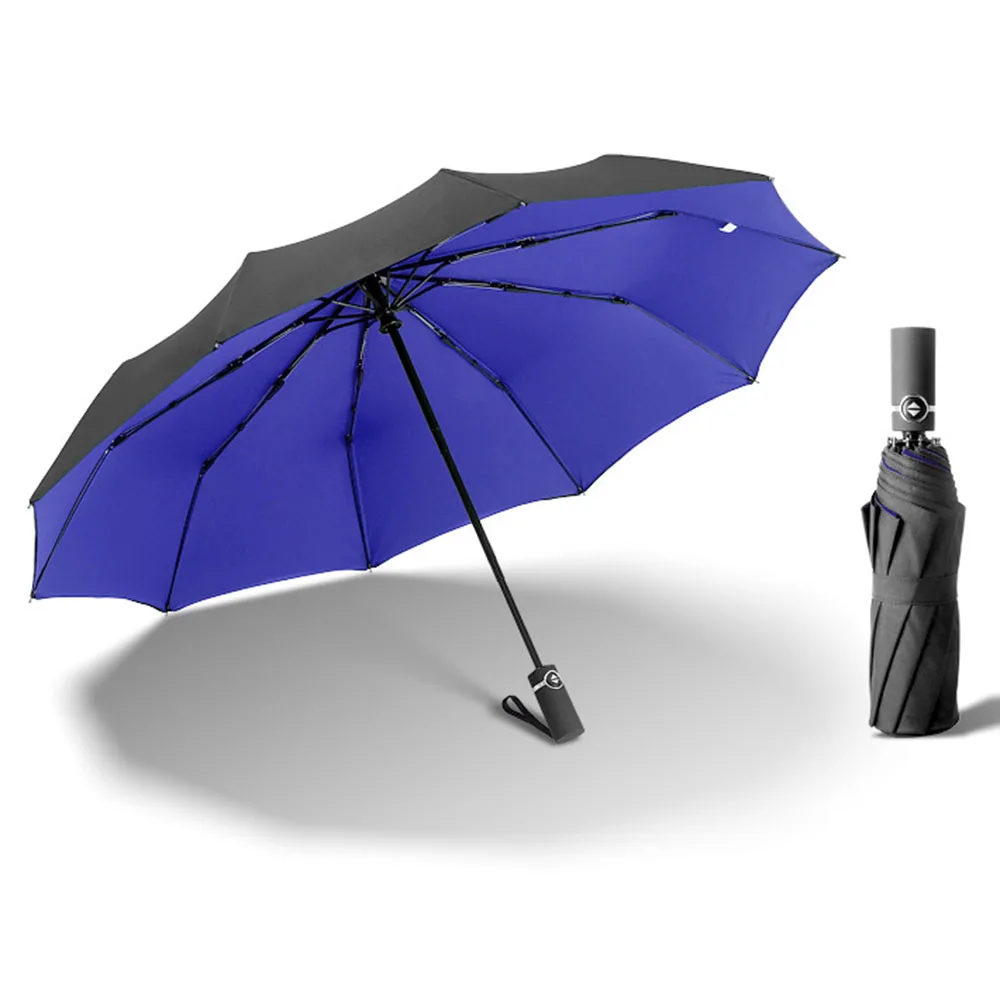 High Quality Fully-automatic Umbrella Men Rain Woman Double Layer 3 Folding Business Gift Umbrella Windproof Sun Umbrellas - Color: Blue