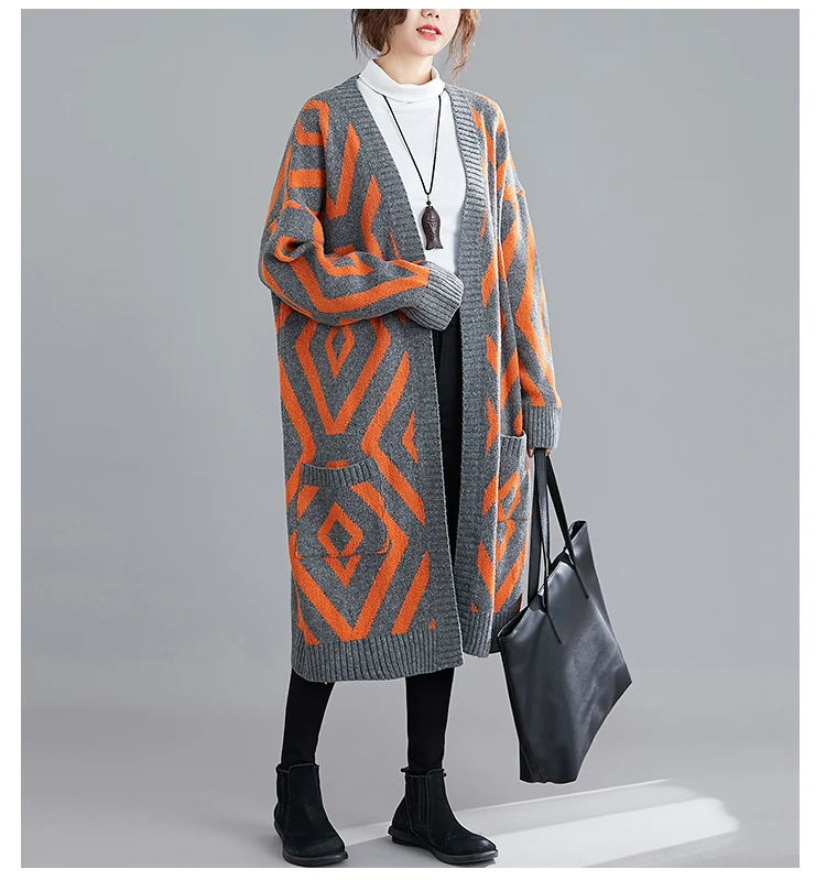 Большой размер 4XL, Осень-зима, Женская Модная элегантная верхняя одежда с геометрическим рисунком, топы, женский большой длинный свитер, кардиган, куртка, пальто