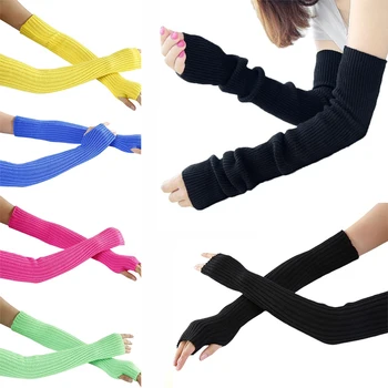 

Women Neon Bright Solid Color Fingerless Gloves Ribbed Knit Crochet Dance Over Elbow Long Arm Warmers Mittens with Thumb Hole