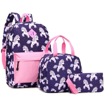 

Purple Unicorn 3pcs Sets Backpack+Meal Pack+Pencil Case Printing School Canvas Student Teenage Bags Mini Travel Backpack Women