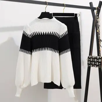 

Striped Long-Sleeved Pullovers Knitted 2 Piece Sets Pockets 2019 Winter Elegant Leisure Suit Skirt Set