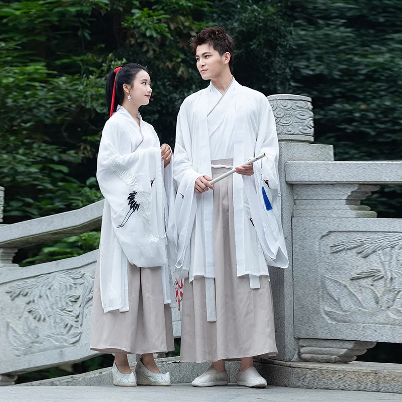  White Couple Dynastie Tang Chinese Traditional Hanfu Cotton Han Element Mantle Women and Man Skirt 