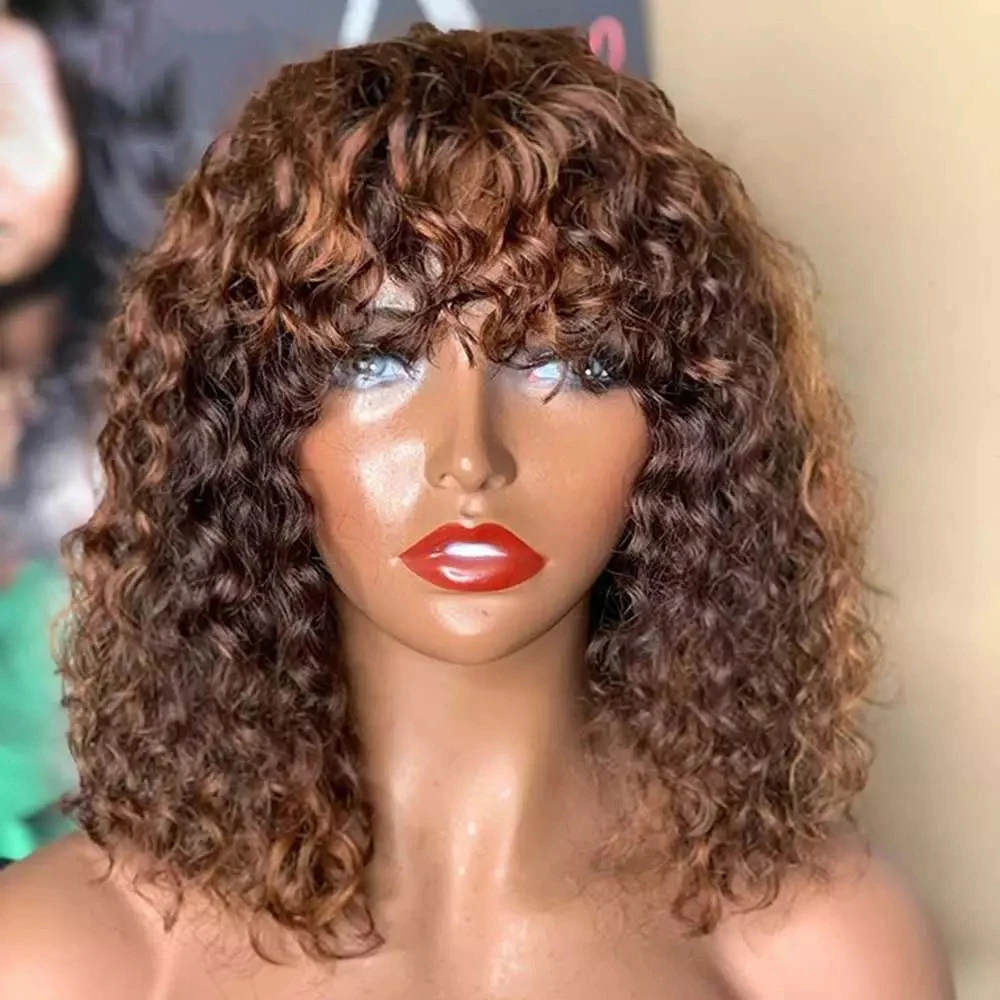 

Kinky Culry Brown Blonde Highlight Full Machine Made Wigs With Bangs Remy Brazilian Machine Made Wigs For Women Human Hair