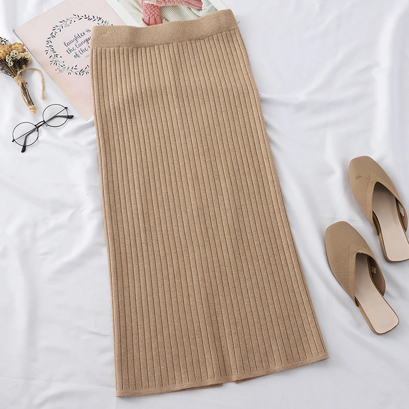 KHAKI HELIAR Silt шерстяная хлопковая прямая Однотонная юбка с высокой талией Повседневная миди Свободная юбка Осенняя Женская тянется юбка для женщин - Цвет: KHAKI