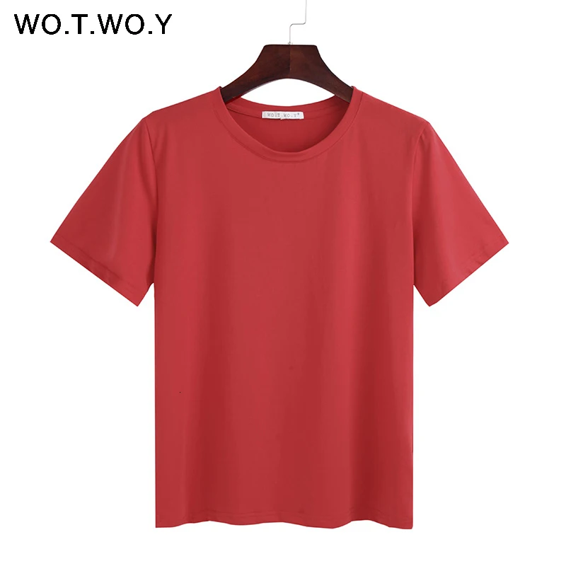 WOTWOY летняя хлопковая Футболка женская Свободная Стильная однотонная футболка женский топ с коротким рукавом с круглым вырезом Женская футболка 12 цветов