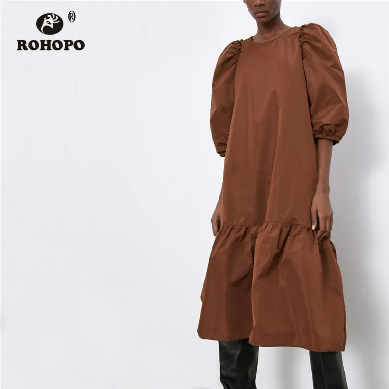 

ROHOPO Round Collar Puff Half Sleeve Yellow Poplin Midi Dress Back Neck Buttons Closure Ruffled Hem Autumn Solid Vestido #9417