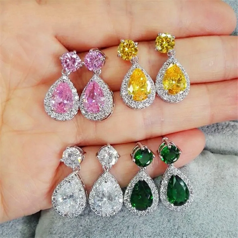 Four colors 925 Sterling Silver 5A Zircon Water Drop cz Earrings Fashion Long Dangle For Women Vintage Wedding Jewelry |