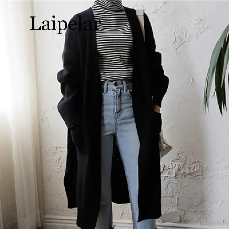 Laipelar, модный длинный женский кардиган,, модный, Harajuku, свободный, вязаный свитер, женский, Повседневный, черный, негабаритный, куртка, пальто, осень - Цвет: 3