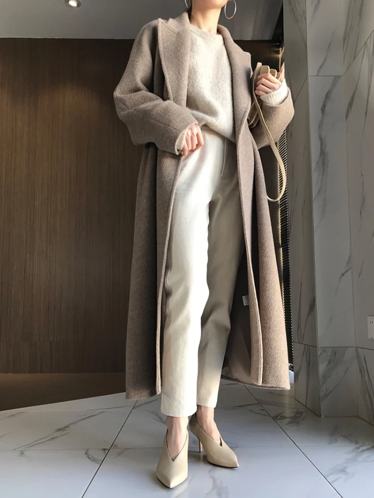 Осень Зима 2019 классический халат стиль оверсайз длинное шерстяное пальто