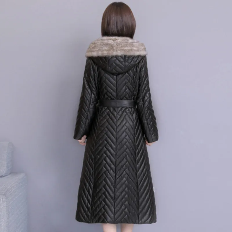Зимняя кожаная куртка для женщин, Овечий пух, куртки с капюшоном, Chaqueta Cuero Mujer, для похудения, Dames Jassen, зимнее черное пальто