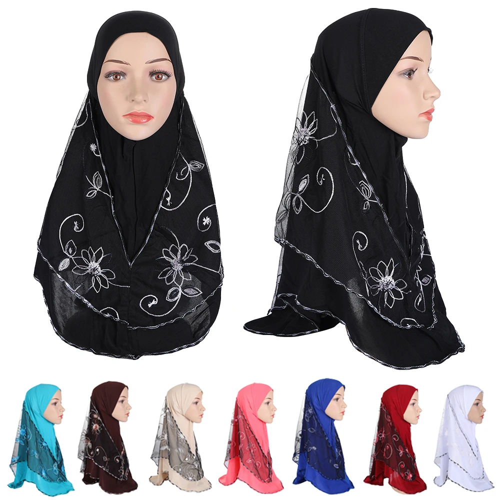 

Malaysia Muslim Women Hijab Pull On Instant Scarf Mesh Flower Turban Prayer Full Cover Neck Islamic Shawls Headwrap Arab Cap Hat