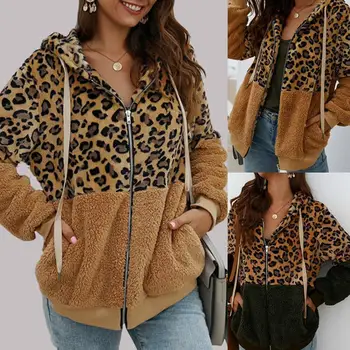 

2019 Hot Fashion Winter Faux Fur Leopard Print Zipper Jacket Women Warm Long Sleeve Hooded Coat Warm Faux Fur Women's Coat S-2XL