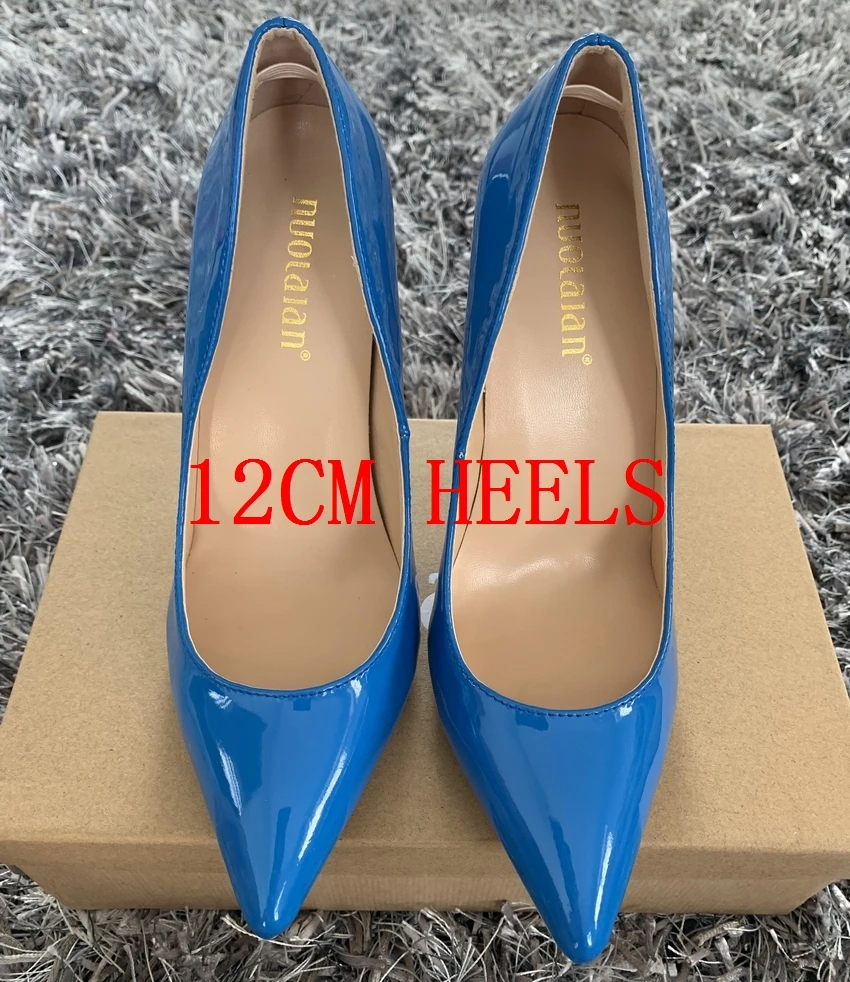 QQPAL blue12cm Женская обувь женские туфли-лодочки на высоком каблуке 12 см/10 см/8 см женские туфли-лодочки из лакированной кожи с острым носком для вечеринки и свадьбы - Цвет: QQPAL blue12cm
