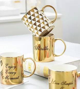 

Gold Plated Ceramic Porcelain Letters Drink Coffee Tea Mug Collectable Creative Travel Cup Tumbler Home Decor Nice Gifts