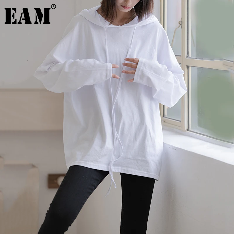 

[EAM] Loose Fit White Drawstring Causal Sweatshirt New Hooded Neck Long Sleeve Women Big Size Fashion Tide Autumn Winter 2019