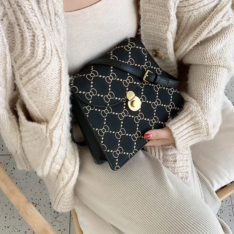 

2019 Autumn & Winter New Style WOMEN'S Bag Trapezoid Square Bag Woolen Bow Embroidered Shoulder Korean Style Ladies' Square Bag
