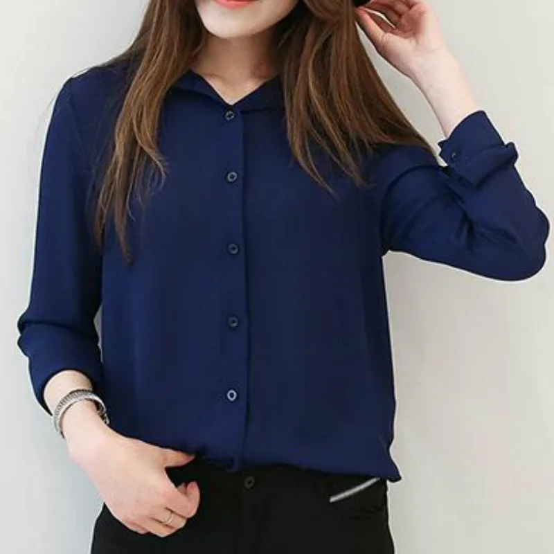 Женские топы 2019 осенняя шифоновая блузка с круглым воротником и длинным рукавом