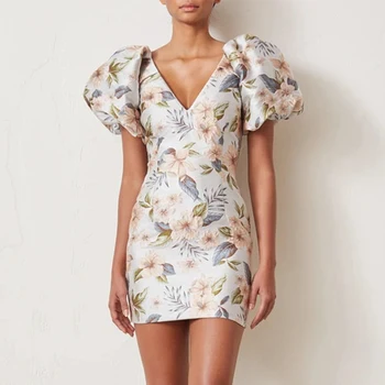 

Women Bodycon Dress Floral Print Puff Sleeve High Waist Tunic Sexy Summer Dress