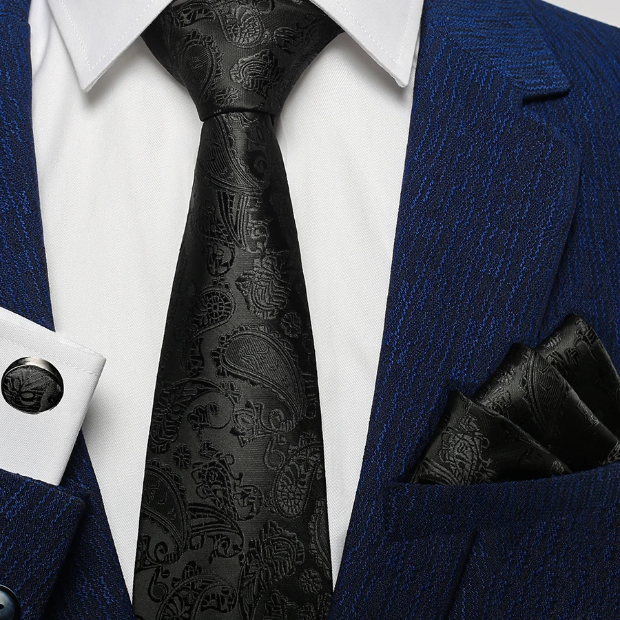 Мужской галстук, черный, Пейсли, шелк, классический галстук, Hanky, запонки, набор для мужчин, формальный, для свадьбы, вечеринки, для жениха, цветочный галстук