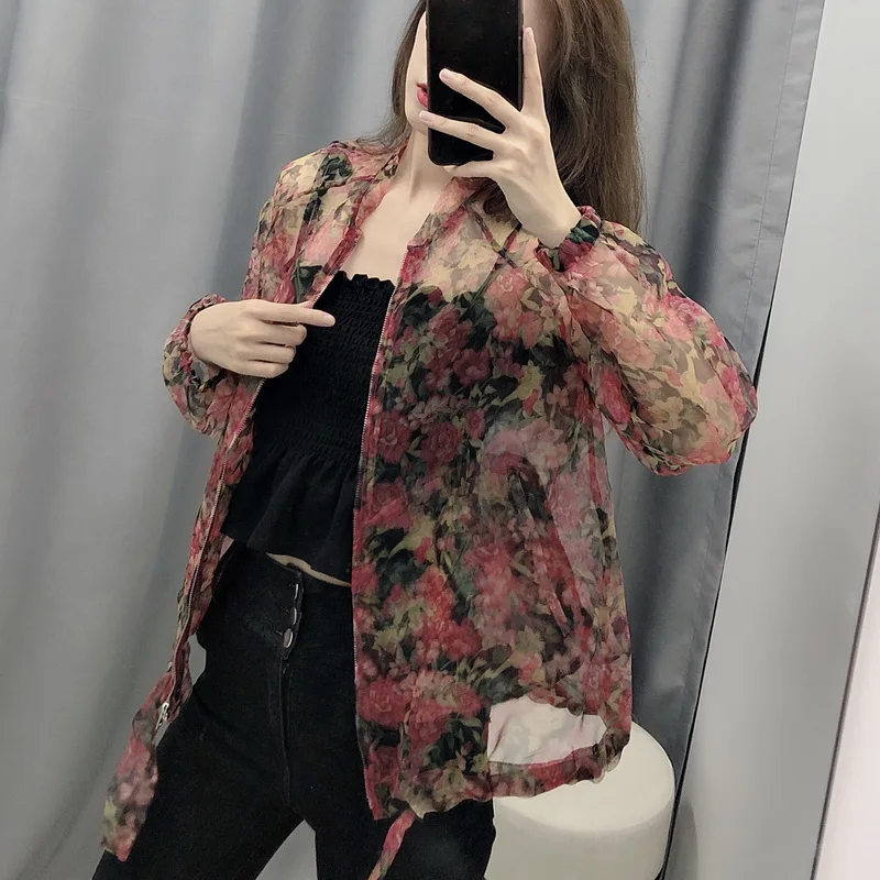 Прозрачный солнцезащитный Топ Лето 2019 Новая мода цветочные принты полный рукав