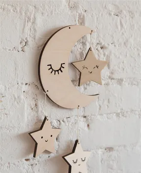 

INS Wooden Moon Stars Baby Bedroom Decor Hanging Toys Clouds Newborn Hanging Ornaments Crib Bed Bell Kids Room Decoration