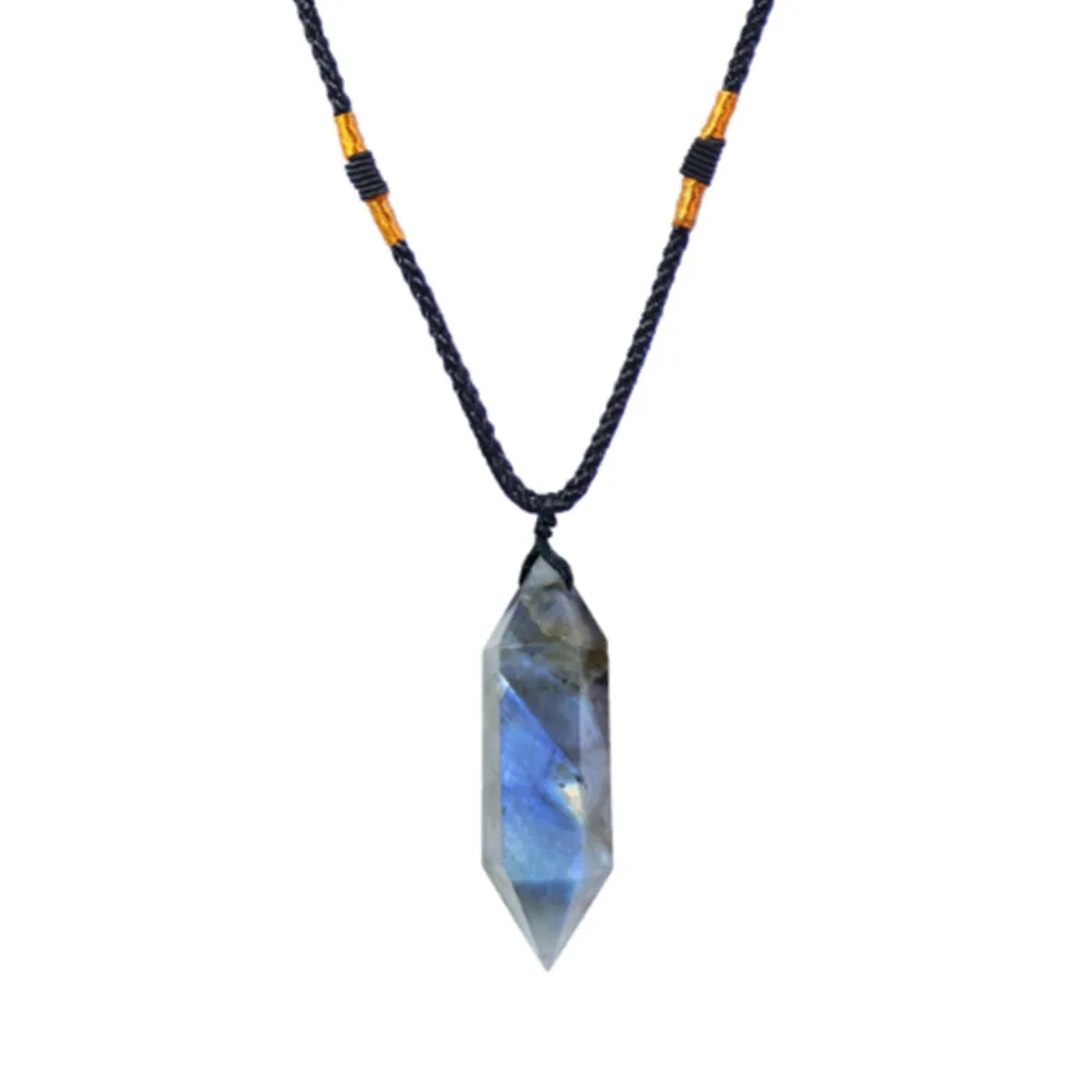 Natural Double Terminated Pointed Crystal Column Labradorite Moonstone Pendant Gemstone Reiki Healing Crystals Amulet Necklace 6