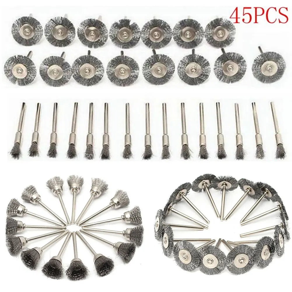 45pcs Polishing Wire Cup Rotary Tool Accessory Brush Wheel Set Stainless Steel Mix Producing Deburring Stripping