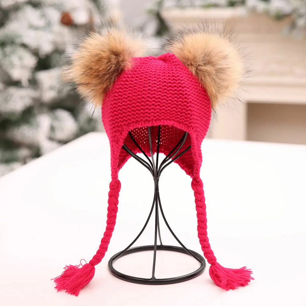 Pudcoco модная детская одежда для маленьких мальчиков и девочек; зимняя теплая шапочка двойная меха с помпоном-кисточкой вязаная шапка, вязаная, с мехом, сплошной Кепки подарки - Цвет: Красный