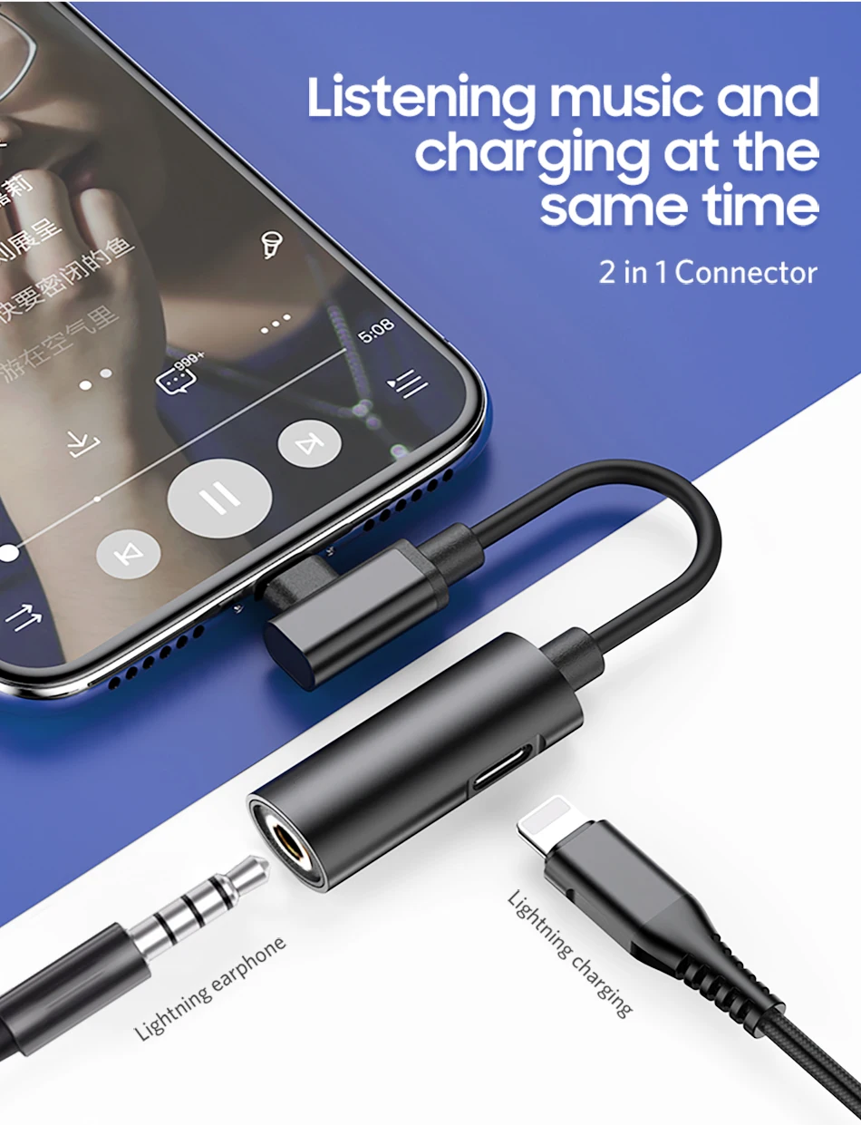 !ACCEZZ Lighting Phone Aux Adapter For iphone 8 Plus X  XR 11 Pro XS Max 3.5mm Jack Earphone Listening Charging 2 in 1 Connector (2)