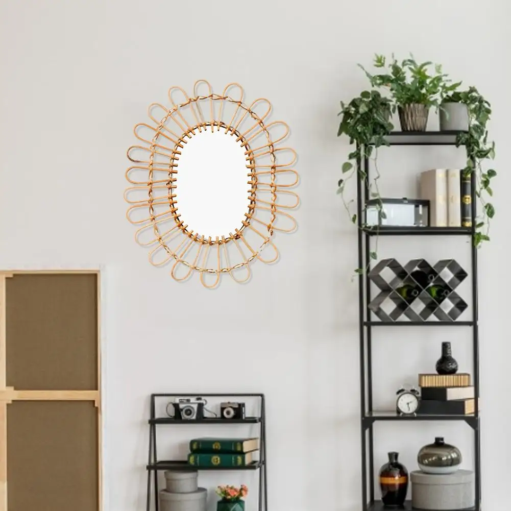 

Rattan Mirror Innovative Art Decoration Round Makeup Mirror Dressing Bathroom Nordic Primary Color Wicker Wall Hanging Mirror